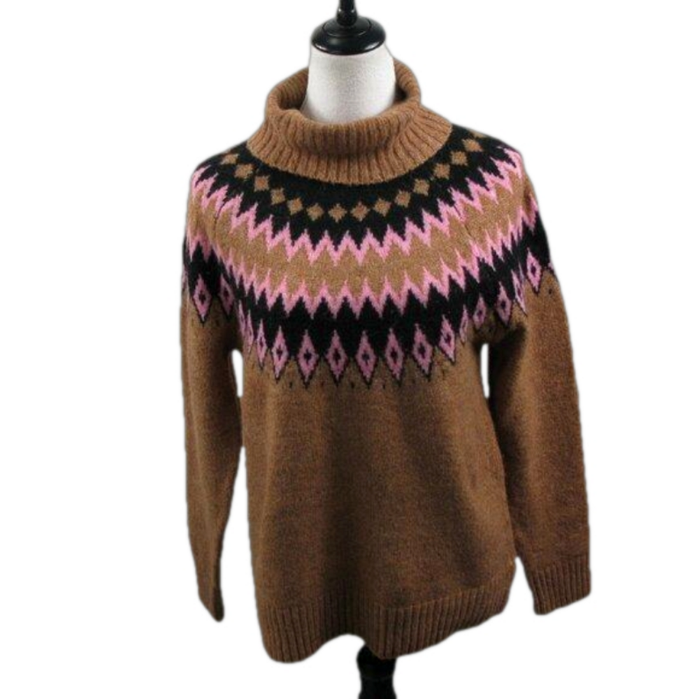 Aspen Geometric Pattern Tan and Pink Turtleneck Sweater Size Medium